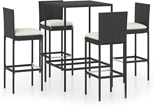QJBSAVVA 5 Piece Rattan Garden Bar Set Poly Black 70 x 70 x 110 cm Counter Table with Cream Cushions Dining Conversation Bistro Group Durable Steel Frame for Patio, Balcony or Conservatory