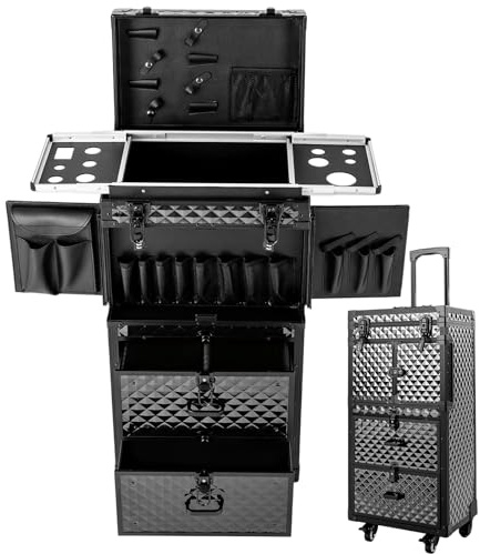 Valigetta cosmetica con ruote, trolley a 4 strati, 39 x 25,5 x 82 cm, grande valigetta da parrucchiere, valigetta per trucco, valigetta per trucco, custodia per trucchi, design unghie con 6 chiavi e 2