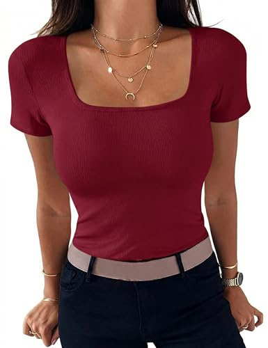 Aottori Camiseta Manga Corta Mujer Cuello Cuadrado | Básico, Verano, Top, T-Shirt, Elegante, de Punto, Elástico, Sólido, Ligero, Casual, Túnica