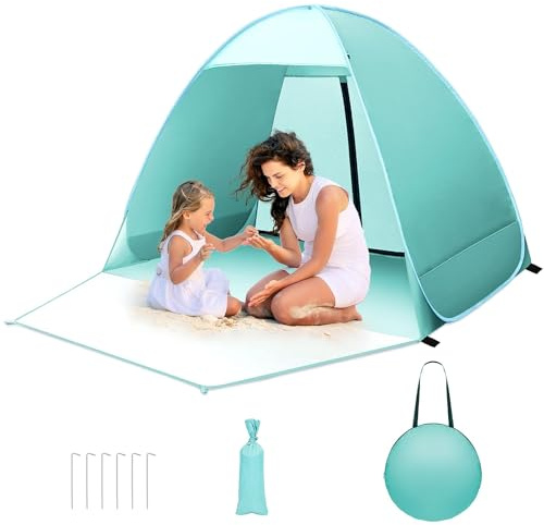Pop up Strandmuschel, 2-3 Personen Familie Zelt UV Schutz UPF 50+ Strandzelt Wurfzelt mit Reißverschluss Hintertür, Vordertür mit Schnallen Kleines Packmaß für Sonnenschutz Strand, Garten Grün