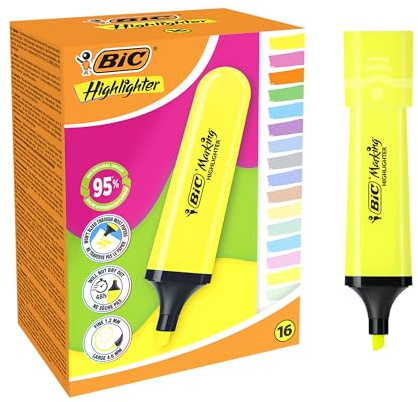 BIC Marking Flat Highlighter Pastel and Neon Pens with Chiselled Nib - Assorted Colours, Box of 16