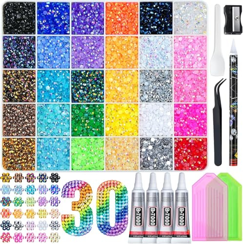 40 000 st harts gelé strass kit, 30 färger 3 mm flerfärgad platt baksida gelé strass, med 4 st lim och verktyg, gör-det-själv besticknings set för konsthantverk, smyckestillverkning gåvor (flerfärgad)