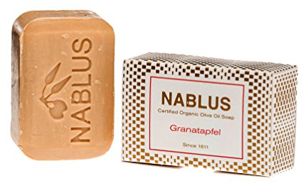 Nablus Soap Bio-Olivenölseife Granatapfel, PALMÖLFREI, VEGAN, unparfümiert & rückfettend, für alle Hauttypen geeignet, auch als Haarseife sehr gut geeignet, 100g