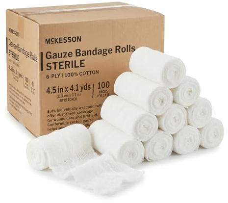 McKesson 100 Pack Sterile Gauze Roll Bandages, 4.5 in x 4.1 Yards, 6-ply Premium Medical Supplies & First Aid Supplies, Bandage Wrap Vet Wrap