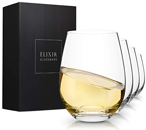 ELIXIR GLASSWARE Premium Crystal Stemless Wine Glasses - Hand Blown, Red White Wine Glasses Set of 4- Wine Tasting, Wedding, Anniversary, Christmas, Party - 18 oz, Clear