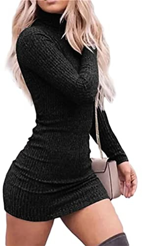 Onsoyours Robes Femme Courte Moulante Col Roulé Manches Longues Robe en Tricot Stretch Pull Long Casual Élégante Mini Robe Crayon Cocktail