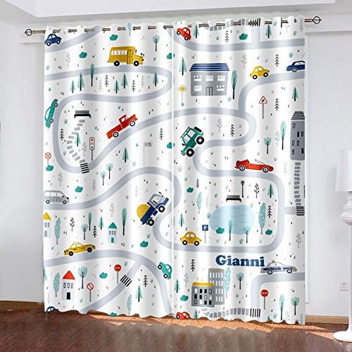 WDBBY Rideaux Occultants Thermiques - 3D Blanc Simple Dessin animé Voiture 2 x 70x160cm Rideau Draperies pour Salon Chambre, Convient aux hôtels/Chambres d'enfants/Adolescents - Isolation Thermique p