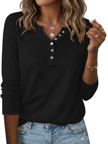 WNEEDU Donna Magliette Maniche Lunghe Henley T-Shirt Bottoni Scollo a V | Camicetta a Maglia,Maglione Facile da abbinare,Blusa Lunga,Tunica Leggera