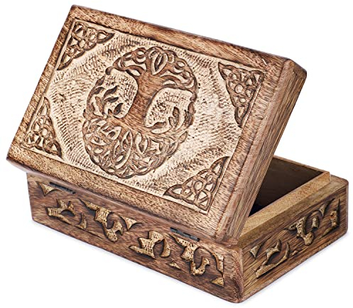 Ajuny Handcarved Wooden Decorative Treasure Chest Box with Celtic Tree of Life Carvings - Multipurpose Use as Jewelry Storage Keepsake Trinket Holder, Great for Gifts