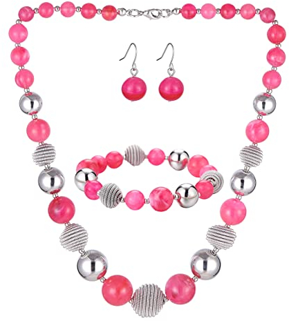 Bulinlin Perlen Damen Schmuck Set Silber Choker Halskette Ohrringe Creolen Statement Modeschmuck Weihnachtsgenchenke für Frauen(Hot Pink)