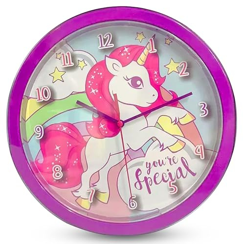 HOVUK Unicorn Wall Mounted Clock 25cm - Children's Watch Time Learning Plastic Analogue Clocks Battery Operated Quartz Mechanism Hanging Clock, Purple Clocks Girls Gift 3+Years