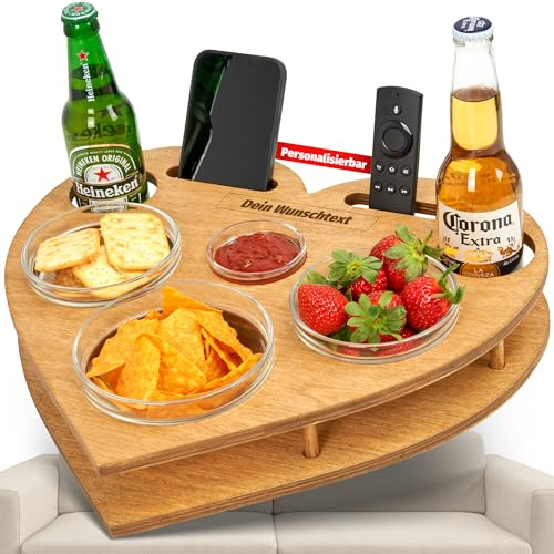 Personalisierte Couchbar Herz 1.0 mit 4 Glasschalen | handgefertigt | Holz | Personalisierbar | Snackbar | Sofabutler | Sofa Tablett | Snackbox | Bettbar | Organizer Tablett