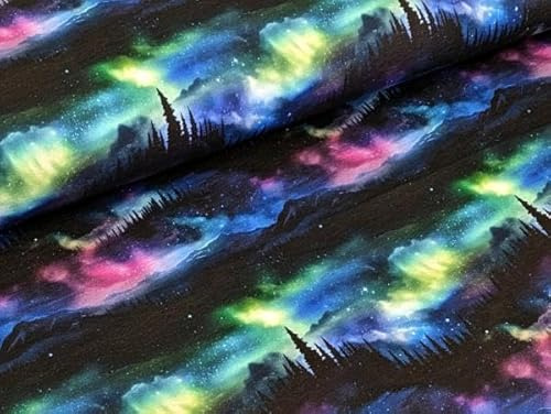 Eigenproduktion Bio Baumwolljersey Magischer Wald Berge Nordlichter auf Schwarz Stoff Meterware Jersey Kleiderstoff