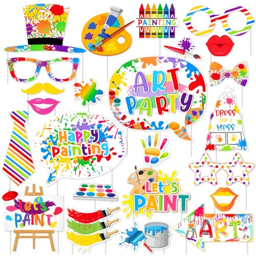 Fangleland 24pcs Art Party Photo Booth Props, Let’s Paint Themed Birthday Selfie Accessories, Watercolor Painting Theme Photography Props Gender Reveal Bridal Shower Party Supplies