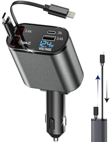 Brancy Retractable Car Charger | 4 in 1 Fast Car Phone Charger with 2.6ft Retractable Cables | 12V/ 24V Vehicles Charger with 2 USB Ports | Compatible with iPhone 15/14/13/12/11/iPad/Galaxy & Pixel