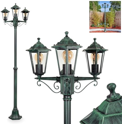 HOFSTEIN Kandelaber Loria, Außenwegeleuchte aus Metall/Glas in Schwarz/Grün/Klar, Leuchte im Antik/Vintage-Design für Garten/Außenbereich/Terrassen, Höhe: 200 cm, 3 x E27, ohne Leuchtmittel, IP44
