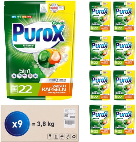 PUROX UNIVERSAL Detergente Lavadora Cápsulas (22 Lavados x9) – para todo tipo de tejidos, elimina manchas, protege colores, totalmente enjuagable, ecológico, Doypack Multipack 9 Unidades