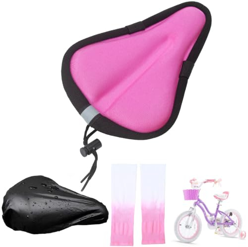 Suerico Kids Bicycle Seat Cushion Cover 9x6,Gel Padded Bike Seat Cover for Boys Girls,Breathable Soft Bike Seat Cover，Child Bicycle Saddle Pad with Water Resistant Cover,Arm Sleeves Pink