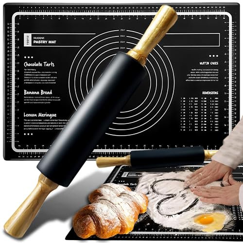 Retoo Backmatte Silikon 59,5x40cm, Rutschfest Antihaft Mit Messung, Ausrollmatte Für Teig Pizza Fondant, Hitzebeständig Spülmaschinenfest, Nudelholz 38x5cm Holzgriff