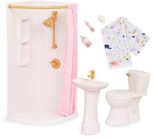 Our Generation Sweet Bathroom Ensemble de meubles de salle de bain pour poupées de 45,7 cm avec baignoire, lavabo, toilettes et accessoires - Meubles de poupée pour créer l'imagination
