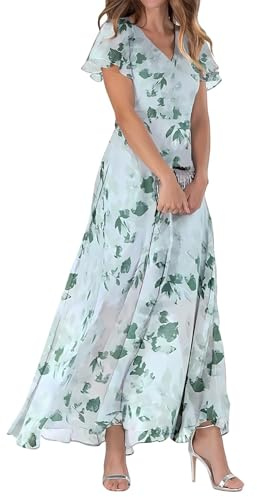 Vestidos de mujer Swing Vestido largo de gasa con flores de manga corta con volantes, cuello en V, cintura moderna, vestido fluido, vestido de verano, festivo, verde, M