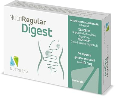 NutriRegular Digest - 30 Capsule Gastroresistenti - Complesso enzimatico con Zenzero per digestione completa di cibi e nutrienti quali carboidrati, grassi e proteine - Senza glutine e lattosio