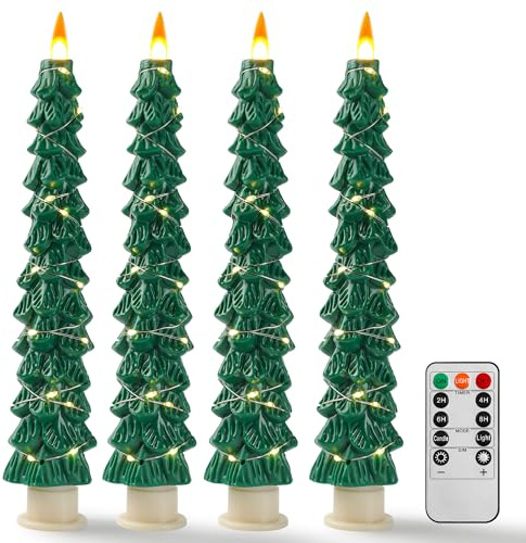 4 Candele LED a Forma di Albero di Natale Verdi, Candele Senza Fiamma con Catena di Rame, Effetto Fiamma Realistico Aggiornato, Funzionanti a Pile con Telecomando per Decorazioni Natalizie e Casa
