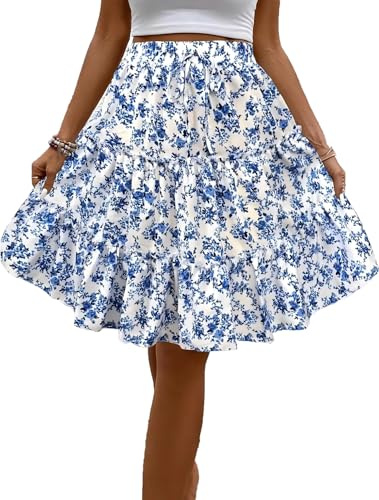 Hey Joo Womens Elastic Waist Ruffle Skirt Boho Beach Pleated Skirt