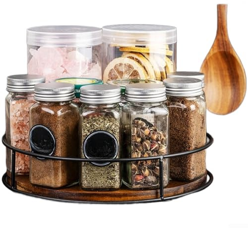 Tocadiscos de madera de acacia para organizador de especias, almacenamiento de cosméticos, dispensador de aperitivos, soporte de bebidas con rotación equilibrada y almohadillas inferiores