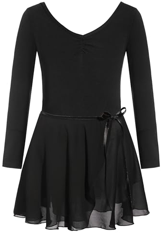 FONLAM Ballettkleid Ballettkleidung Mädchen Langarm Tanzkleid Turnanzug Balletttrikot Tanzbody Baumwolle Ballettrock Kinder (10-11 Jahre, Schwarz)
