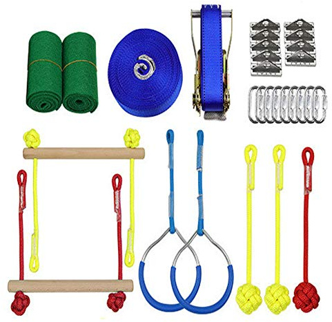 Ninja Warrior Obstacles Course for Kids, Portable Slackline Kit with 2 Monkey Bars 3 Knot Ropes and 2 Gym Rings, Optional Ladder, Obstacle Course for 5-17 Ages, Two Styles