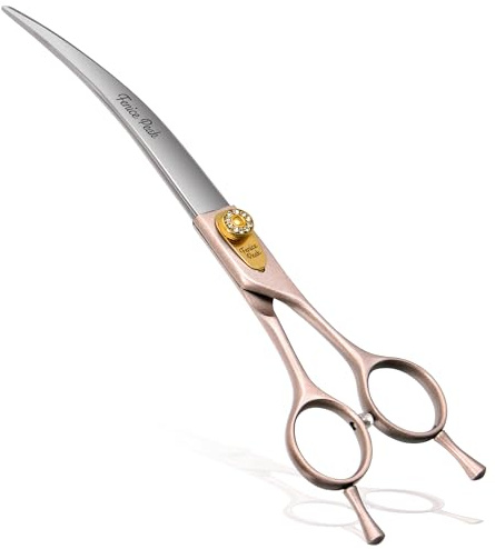 Fenice Peak Professional Curved Dog Grooming Scissors 7'' Rose Gold 440C Stainless Steel Pet Cutting Shears Safety Trimming Shearing for Dogs Cats