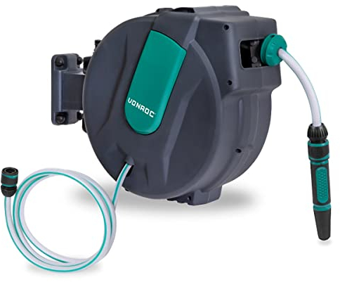 VONROC Schlauchtrommel Gartenschlauch als Schlauchaufroller 25 Meter - Wasserschlauch 180° drehbar als Schlauchbox inkl. Schlauchhalter Wand & Einzugautomatik - Grün