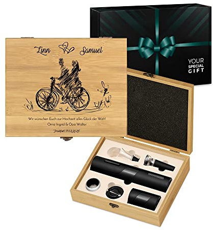Maverton 6er Weinset in Geschenkbox mit Aufdruck - Flaschenöffner Set - elektrischer Weinöffner - Weinzubehör für Paare - Wein Dekantierset zur Hochzeit zum Hochzeitstag - Fahrrad