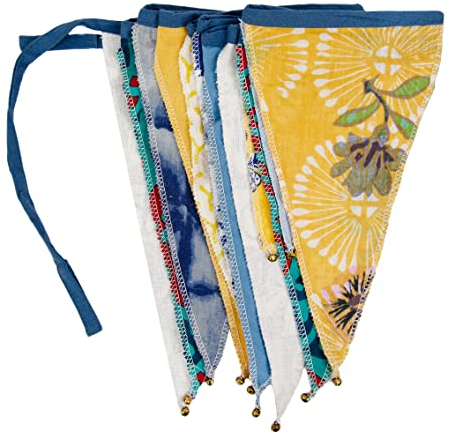 Yellow and Blue Fabric Bunting - 3m | Triangle Flag Pennant Garland, Eco-Friendly Upcyled 100% Organic Cotton, Floral Party Decorations, Kids Bedroom, Home Décor