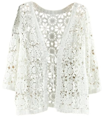 Shrug Womens Bolero Cardigan, Women'S Bolero Shrug Short 3/4 Sleeves Crochet Lace Blouse Jacket Front Tie Open Front Boho Festival Jacket Elegant Beach Cover-Ups For Dresses, White