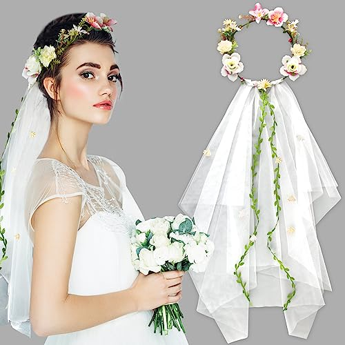 BOFUNX Blumenkranz Haare mit Schleier Blumenkrone Hochzeit Blumen Haarreif Damen Haarband Haarschmuck für Hochzeit JGA Party