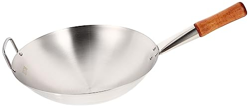 ​UPKOCH 32cm Stainless Steel Wok Pan - Scourer-Safe Curved Base for Gas Stoves, Rapid Heat Distribution & Oil-Efficient Frying (9cm Depth, Silver)​​