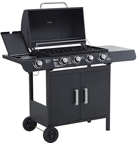 Outsunny Barbecue a Gas a 5 Fornelli con Ripiani Laterali e Armadietto Inferiore con Anta, Barbecue da Giardino a Rotelle in Acciaio e PP, 125x51x100 cm, Nero