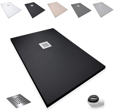 Plato de Ducha Antideslizante 90x100cm - Plato Ducha Resina Resistente a Agentes Químicos - Plato Ducha Antibacteriano - Incluye Rejilla Desagüe Ducha y Válvula Sifón Plato Ducha - Color Negro
