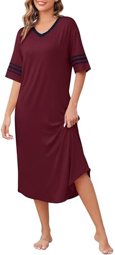 Vlazom Women's Long Nightshirt V Neck Nightdress Boyfriend Style Oversized Sleepshirt Loose Nighties with Pockets S-XXL
