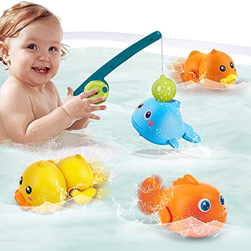 Bath Toys for Kids 1-3 Magnetic Fishing Game & Floating Animals (Duck, Whale, Fish) Wind-Up Summer Swimming Pool Toys Mold-Free Baby Bathtub Toys for Ages 3-8