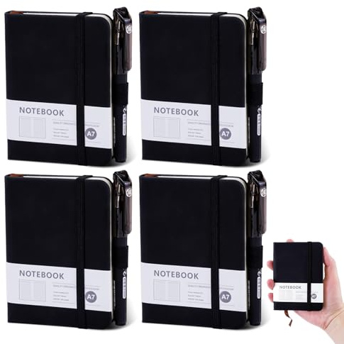 SHILIPAIJC 4 stycken små anteckningsblock, mini anteckningsblock, A7, inbunden anteckningsböcker med penna, gummistängning, ficka anteckningsbok, fickanteckningsbok fickor, dagbok, svart för skola,