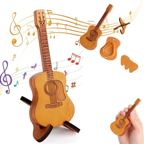 Yamobi Boîte de rangement en bois pour médiators de guitare avec support et 3 médiators - Accessoires de guitare pour acoustique, guitare électrique et ukulélé