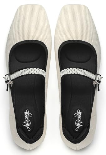 Ailixcozy Ballet Flats for Women, Square Toe Mary Jane Shoes Comfortable Dressy Flats Adjustable Straps Washable Knit Casual Office Shoes with Arch Support Latex Insole