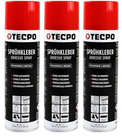 TECPO Colle en spray 3 x 500 ml, colle industrielle, forte adhérence, séchage rapide, résistance aux hautes températures, polyvalente pour textiles, cuir, mousses, matériaux isolants, PVC, papier