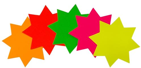 Janrax Pack of 40 Assorted Coloured Neon Fluorescent Stars 100 x 100mm – Star Shape Signs, Price Labels, Retail Displays, Classroom Crafts, Party Decorations