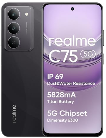 realme C75 5G Smartphone, 8+256GB, Gran batería de 5828 mAh, Procesador 5G Dimensity 6300, Cámara con IA de 50 MP, Resistencia al Agua de Primer Nivel IP69, Negro