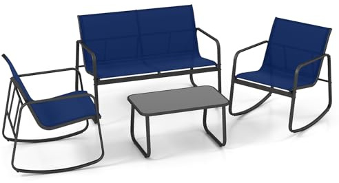 FANTASK Juego de 4 Muebles de balcón con Suave Movimiento oscilante, Muebles de terraza, Incluye 2 sillas, Banco y Mesa, para jardín, terraza, balcón, Color Azul