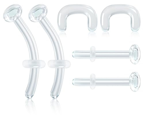 6pcs Glass Piercing Retainers Set,Mix Style Clear Studs Rings for Septum, Nose,Lip, Nose, Eyebrow, Nipple, Tongue, Belly Button